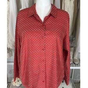 Joan Rivers Women's Size L Red/Coral Clip Dot Print Button Up Blouse #0355